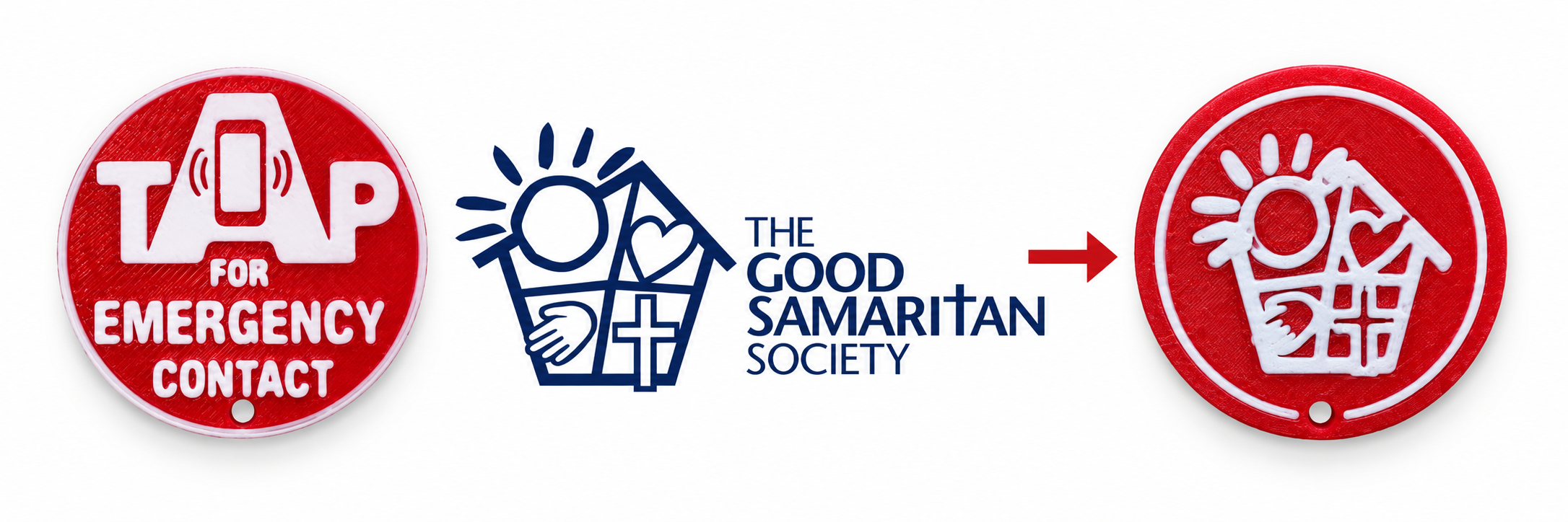 Three-part branding example: the KinTag front, The Good Samaritan Society sample logo, and that logo rendered in white on the back of a red KinTag
