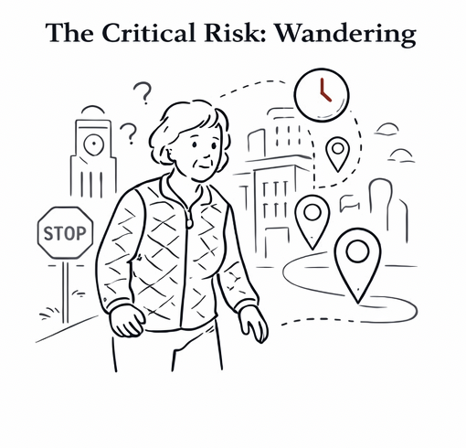 The Critical Risk: Wandering - Illustration of person with dementia disoriented in urban environment