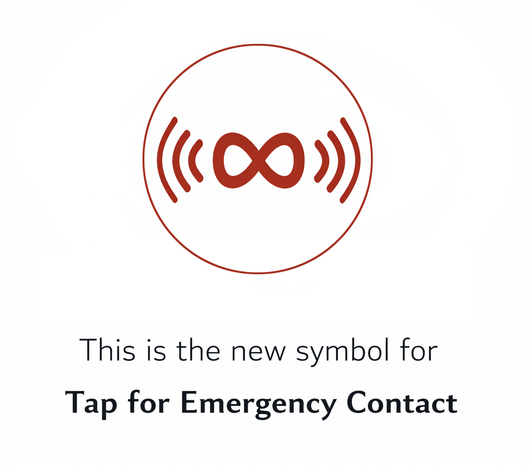 Kin Tag logo: infinity symbol with NFC waves - the new symbol for Tap for Emergency Contact