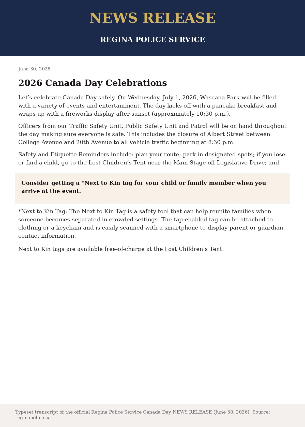 Typeset transcript of the Regina Police Service NEWS RELEASE dated June 30, 2026, for Canada Day celebrations at Wascana Park, including the safety reminder to consider a Next to Kin tag for a child or family member.